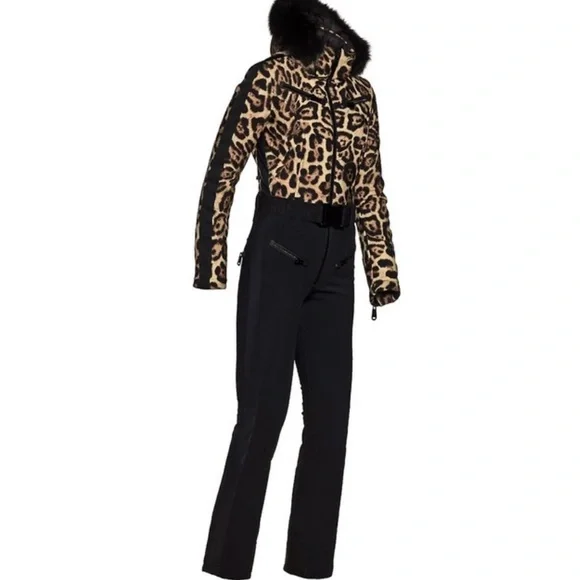 NWT Goldbergh lynx leopard print fur trim down hooded ski suit - Picture 6 of 14